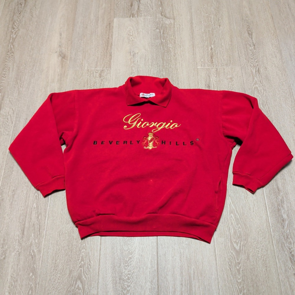 Vintage 90s Giorgio Beverly Hills Red Embroidered Polo Collar Sweatshirt Mens XL
